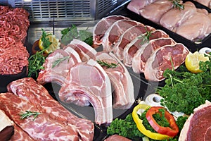 Display Of Fresh Meat In Butcher's Store