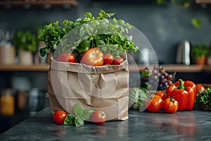 Display of fresh produce in a modern kitchen setting with shopping bag. Concept Fresh Produce,