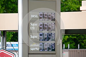 Display with the fuel prices for diesel and petrol, increasing costs, inflation at the gas station