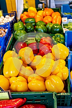 Display in grocery store filled with lots of different types of peppers