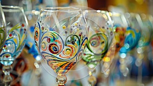 A display of handpainted wine glasses each one uniquely designed and used for special occasions