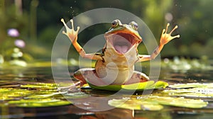 In a display of impressive athleticism a frog does a backflip while croaking a high note and lands perfectly on his lily
