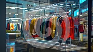 A display inside the shopping center, showcasing an array of stylish clothing on hangers in front of glass windows