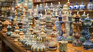A display of intricate ceramic Hanukkah menorahs each unique in design and color available for purchase at a local photo