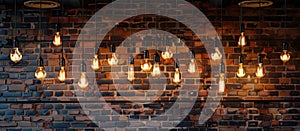 A display of light bulbs illuminates the brick wall in the city building