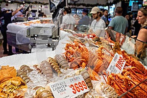 Display of lobsters and lobster tails for sale in Sydney Fish Market, Sydney, New South Wales, Australia