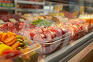 A display of meat and vegetables in a grocery store with Generative AI