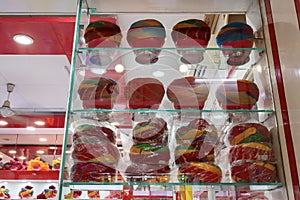 Display of modern turbans, headwear based on cloth winding with many variations, customary headwear for many.