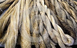 Display of natural hand-spun linen skeins. Yarn. Knitting. Weaving. Natural. photo