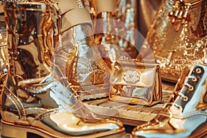 A display of numerous gold shoes and purses arranged artistically, reflecting light and exuding luxury and elegance