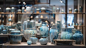 A display of pottery pieces with crystalline glazes achieved through a complex firing process that results in a unique