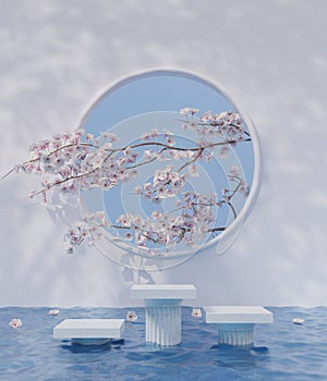 Display product platform on water surface and blossom 3D render illustration