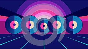 A display of records with a colorchanging effect shifting between shades of pink purple and blue depending on the angle