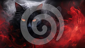 In a display of red smoke, the black cat exudes a sense of mystique and allure, enigmatic presence