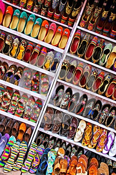 Display of shoes at the street market in Taj Ganj neighborhood