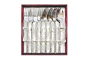 Display of silverware, Silver forks and spoons in box for collection