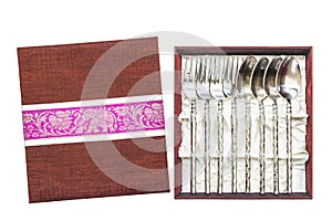 Display of silverware, Silver forks and spoons in box for collection