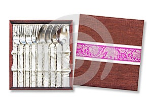 Display of silverware, Silver forks and spoons in box for collection