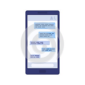 Display of smartphone with message chat vector flat illustration. Screen of mobile phone with messenger application
