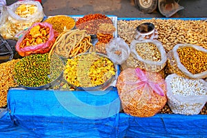 Display of snacks at Kinari Bazaar in Agra, Uttar Pradesh, India