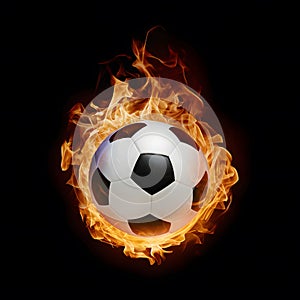 Display Soccer ball engulfed in flames, isolated on black backdrop