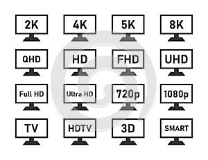 display specifications icons set, monitor display features