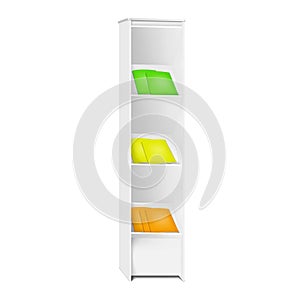 Display stand with booklets on shelves. White vertical rack vector mockup. Brochure, catalogue, magazine, leaflet holder