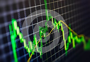 Display of Stock market quotes chart graph on monitor live online screen. Profit, capital growth and financial success concept.