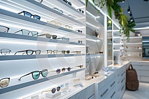 Display of sunglasses. Variety of sunglasses on shelves retail store