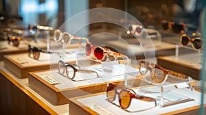 A display table holds a selection of designer eyewear ranging from classic hornrimmed frames to modern geometric styles photo