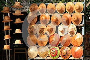 Display of traditional hats at the street market, Mingun, Mandalay, Myanmar