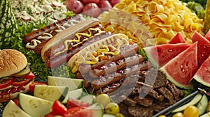 A display of traditional picnic foods such as hot dogs hamburgers potato salad and watermelon all bursting with flavor