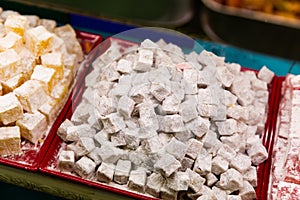 Display of Turkish sweetshop with various kinds of lokum