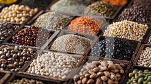 A display of a variety of different types and colors of beans, AI