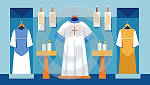 A display of various baptismal gowns and christening candles demonstrating the significance of the sacrament of baptism photo