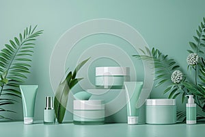 A display of various beauty products arranged on a green background