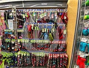 A display of various brands of Kong Dog Collars and Leashes for sale at a Petsmart Superstore