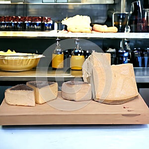 Display of various types of cheese on the kitchen table-