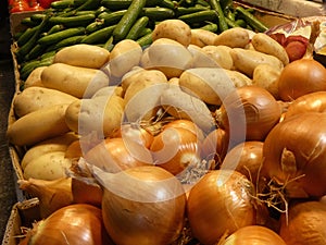 Display of vegetables on a market stall.