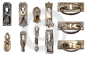 Display of vintage furniture hardware. Antique handles.