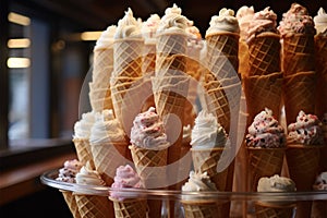 Display of waffle cones, tempting array of sweet confections showcased