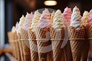 Display of waffle cones, tempting array of sweet confections showcased