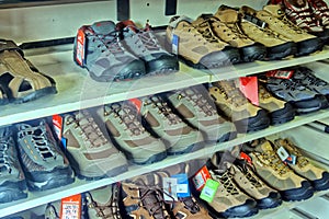 A display of walking boots,