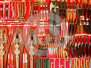 Display of weaponry at the street market, Pushkar, India