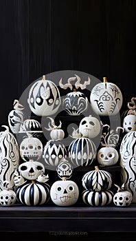 a display of white skulls with black and white decorations