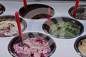 Display window of assorted ice cream flavours