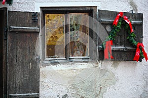Display window vintage with shutter and wooden door festive decoration