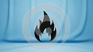 Is displayed against a light blue background. The flame design is