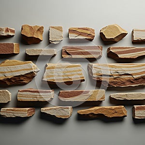 Displayed on a surface featuring layered patterns in shades of