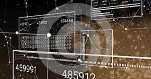 Displaying abstract data visualization in digital network simulation with panels, connecting nodes